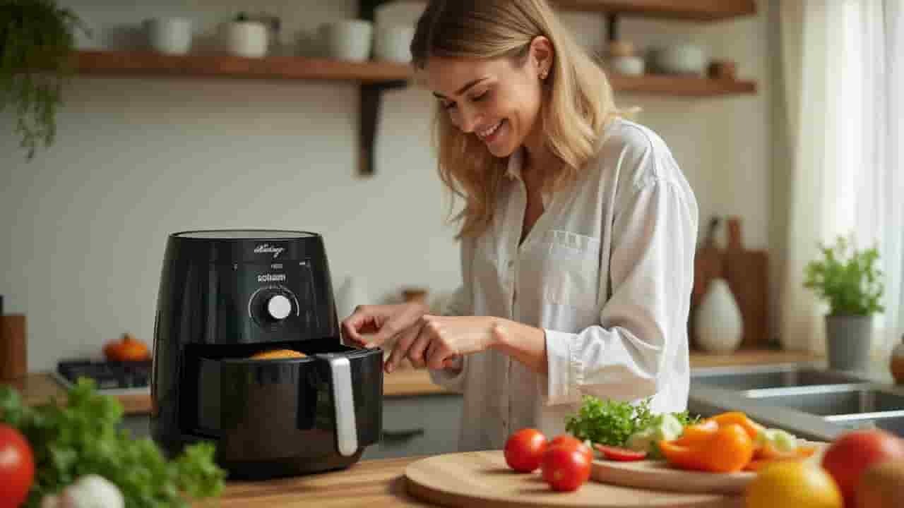 Щастлива жена, която готви с Air Fryer